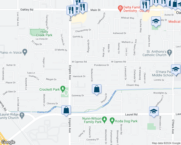 map of restaurants, bars, coffee shops, grocery stores, and more near 4327 Redwood Drive in Oakley