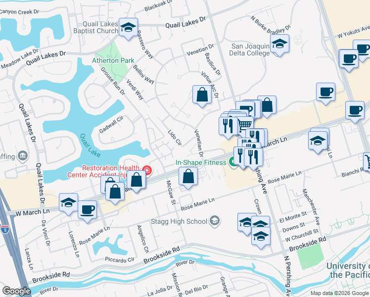 map of restaurants, bars, coffee shops, grocery stores, and more near 2305 Lido Circle in Stockton