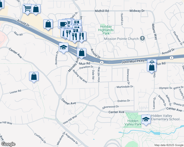 map of restaurants, bars, coffee shops, grocery stores, and more near 434 Dale Road in Martinez