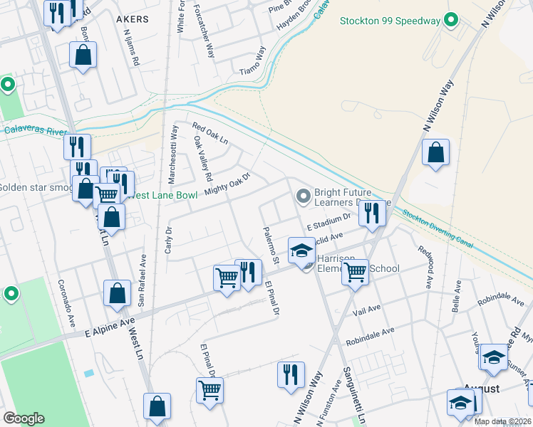 map of restaurants, bars, coffee shops, grocery stores, and more near 3624 Palermo Street in Stockton