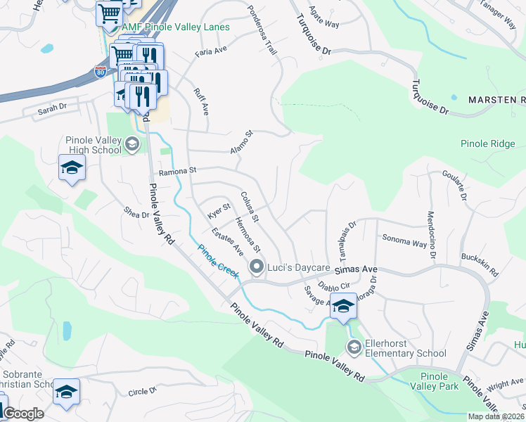 map of restaurants, bars, coffee shops, grocery stores, and more near 2520 Lucas Avenue in Pinole
