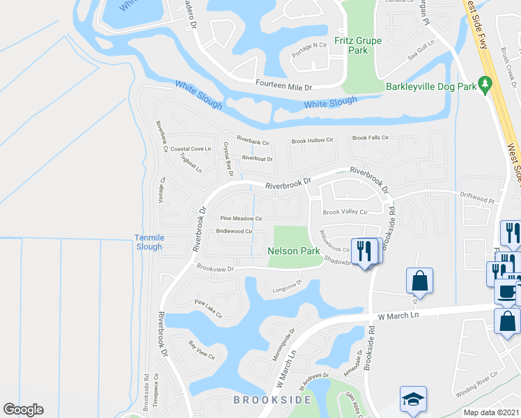 map of restaurants, bars, coffee shops, grocery stores, and more near 3811 Melody Court in Stockton