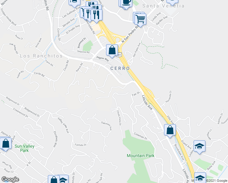 map of restaurants, bars, coffee shops, grocery stores, and more near 15 Red Rock Way in San Rafael