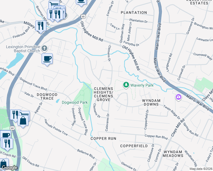 map of restaurants, bars, coffee shops, grocery stores, and more near 2001 Twain Ridge Drive in Lexington
