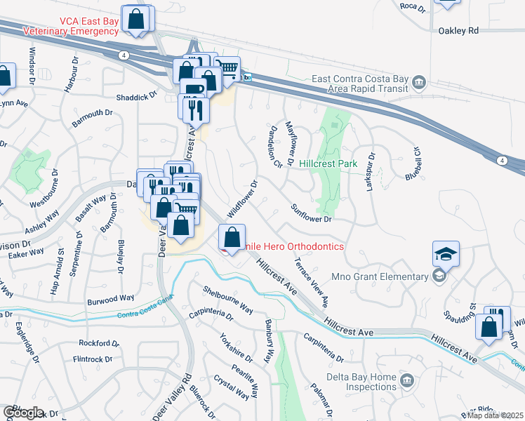 map of restaurants, bars, coffee shops, grocery stores, and more near 2915 Canyon View Court in Antioch