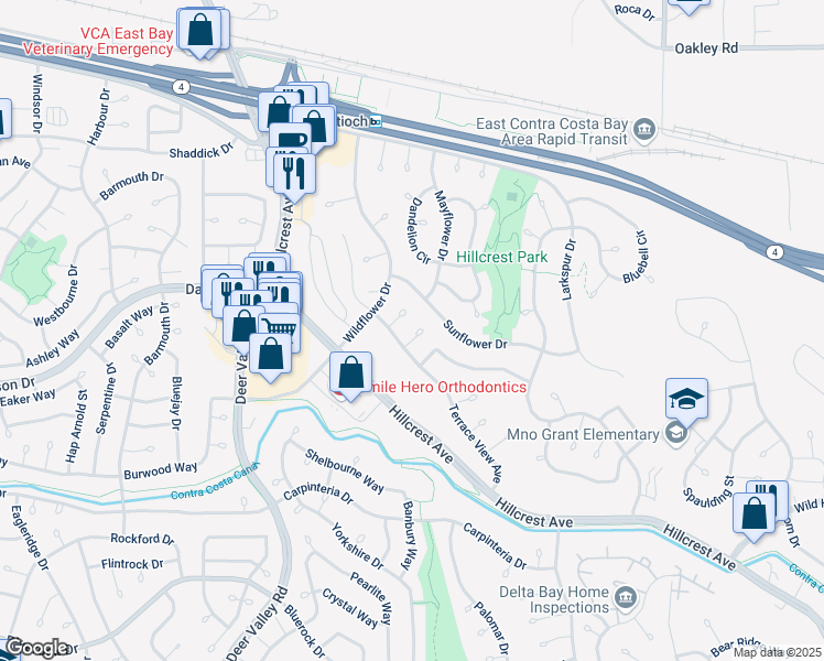 map of restaurants, bars, coffee shops, grocery stores, and more near 2915 Canyon View Court in Antioch