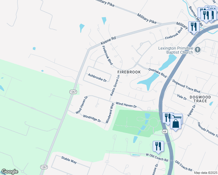 map of restaurants, bars, coffee shops, grocery stores, and more near 2637 Ashbrooke Drive in Lexington