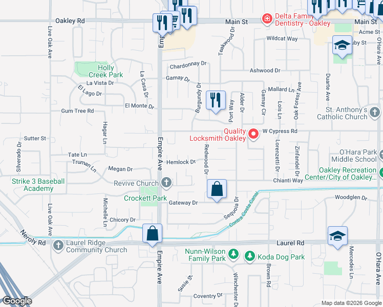 map of restaurants, bars, coffee shops, grocery stores, and more near 320 Helena Court in Oakley
