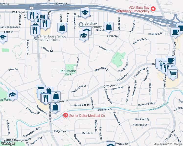 map of restaurants, bars, coffee shops, grocery stores, and more near 3400 Garrow Drive in Antioch