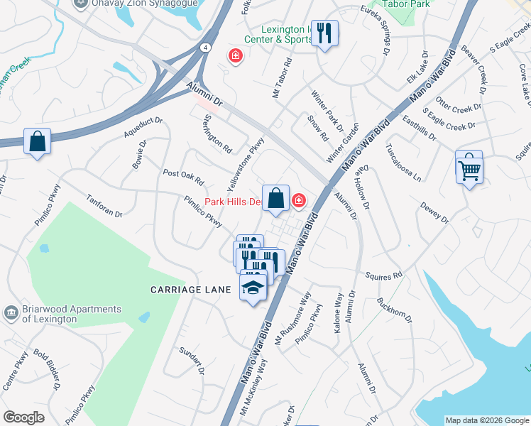 map of restaurants, bars, coffee shops, grocery stores, and more near 3134 High Ridge Drive in Lexington