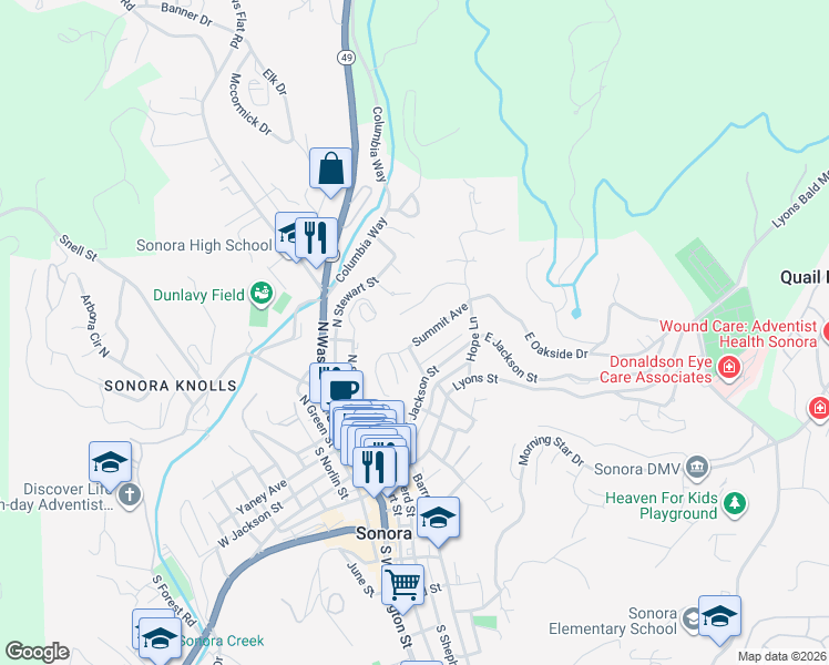 map of restaurants, bars, coffee shops, grocery stores, and more near 252 Summit Avenue in Sonora