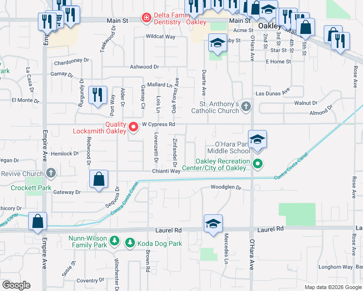 map of restaurants, bars, coffee shops, grocery stores, and more near 4336 Zinfandel Drive in Oakley