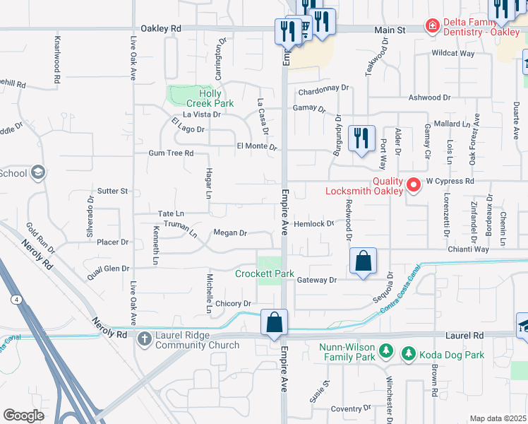map of restaurants, bars, coffee shops, grocery stores, and more near 151 Bedford Lane in Oakley