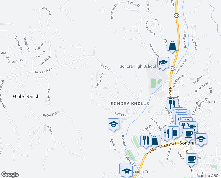 map of restaurants, bars, coffee shops, grocery stores, and more near 709 Arbona Circle North in Sonora