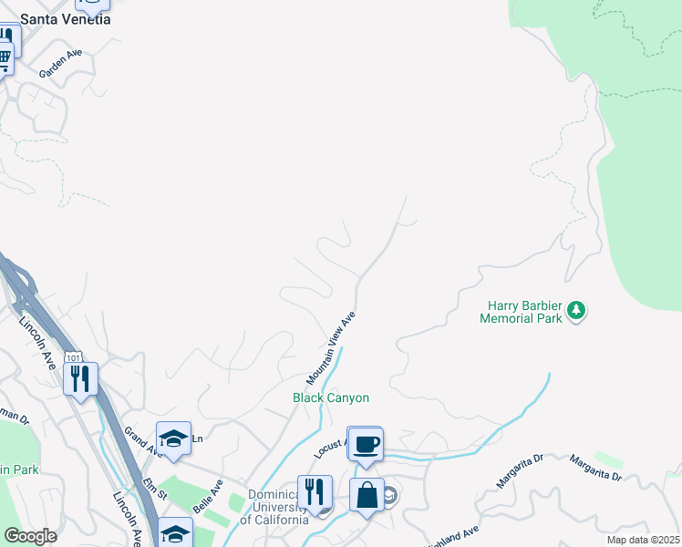 map of restaurants, bars, coffee shops, grocery stores, and more near 114 Convent Court in San Rafael