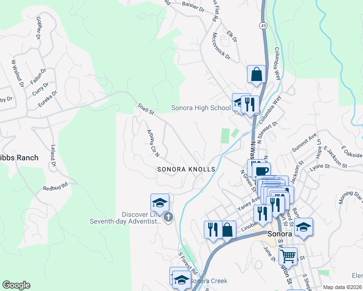 map of restaurants, bars, coffee shops, grocery stores, and more near 470 Snell Street in Sonora