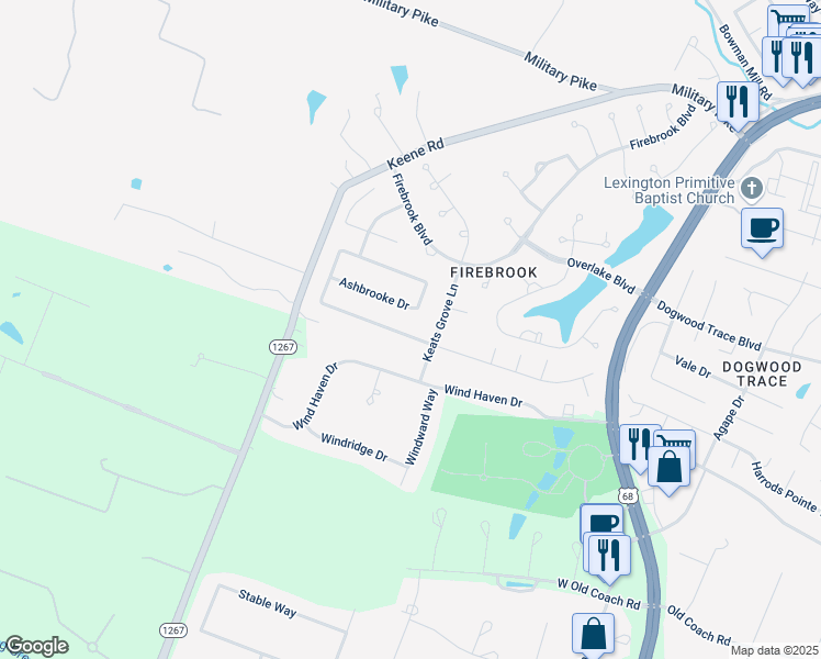 map of restaurants, bars, coffee shops, grocery stores, and more near 2637 Ashbrooke Drive in Lexington