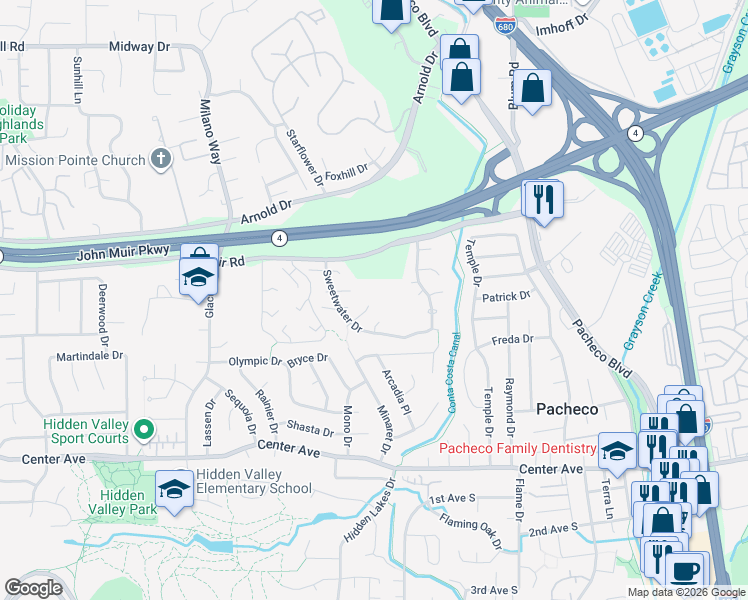 map of restaurants, bars, coffee shops, grocery stores, and more near 2297 Stillcreek Court in Martinez