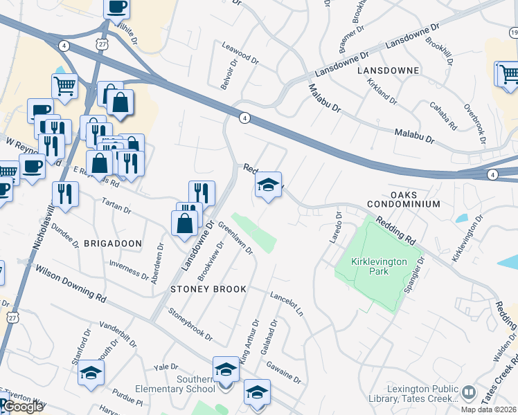 map of restaurants, bars, coffee shops, grocery stores, and more near 3494 Ormond Circle in Lexington