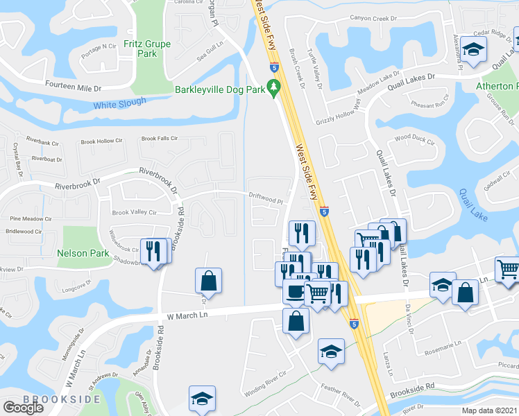 map of restaurants, bars, coffee shops, grocery stores, and more near 2930 Driftwood Place in Stockton