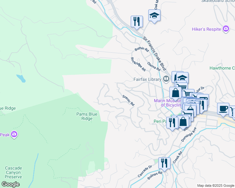 map of restaurants, bars, coffee shops, grocery stores, and more near 62 Redwood Road in Fairfax