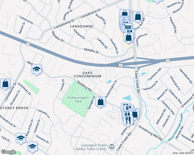 map of restaurants, bars, coffee shops, grocery stores, and more near 3175 Kirklevington Drive in Lexington