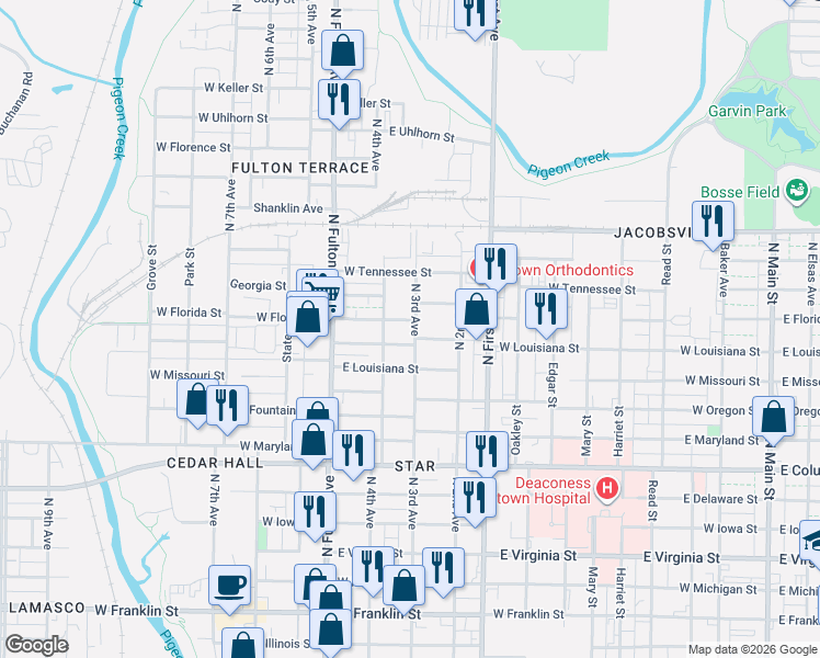 map of restaurants, bars, coffee shops, grocery stores, and more near 1205 North 3rd Avenue in Evansville