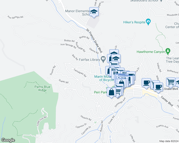 map of restaurants, bars, coffee shops, grocery stores, and more near 136 Manor Road in Fairfax