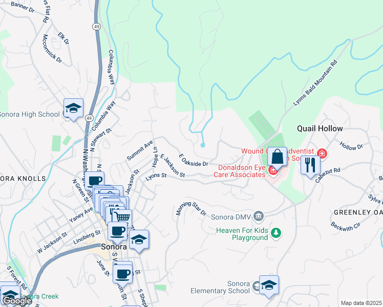 map of restaurants, bars, coffee shops, grocery stores, and more near 610 East Bald Mountain Road in Sonora