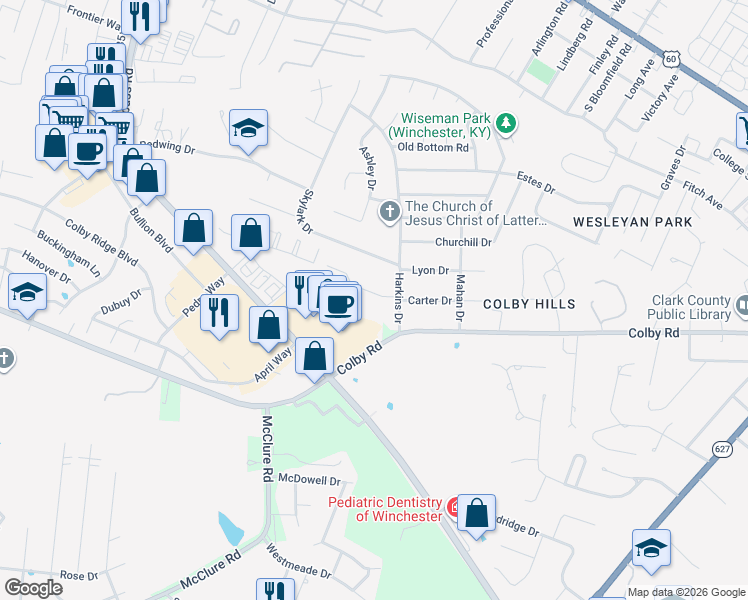 map of restaurants, bars, coffee shops, grocery stores, and more near 105 Quail Ridge Road in Winchester