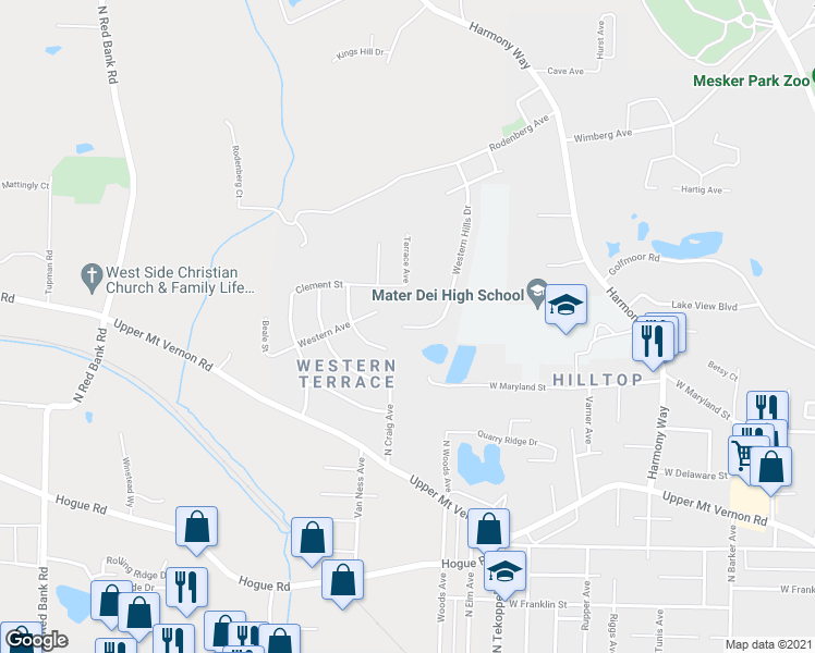 map of restaurants, bars, coffee shops, grocery stores, and more near 1004 Western Hills Drive in Evansville