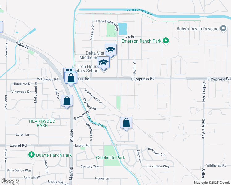 map of restaurants, bars, coffee shops, grocery stores, and more near 2010 Rubens Way in Oakley