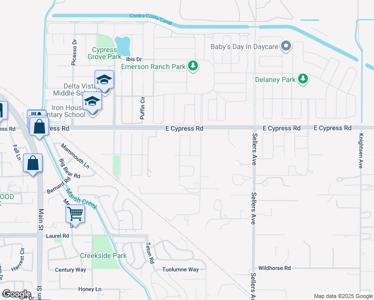 map of restaurants, bars, coffee shops, grocery stores, and more near 671 Channel Circle in Oakley
