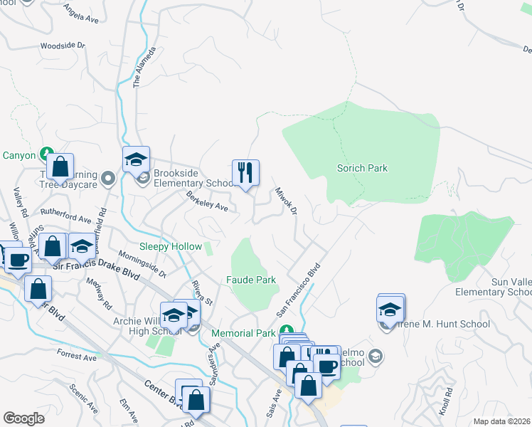 map of restaurants, bars, coffee shops, grocery stores, and more near 21 Elkhorn Way in San Anselmo