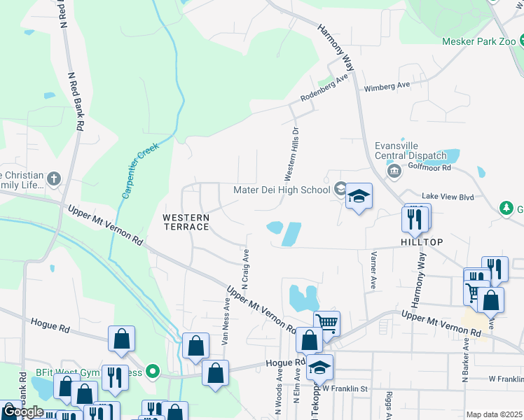 map of restaurants, bars, coffee shops, grocery stores, and more near 1038 Western Hills Drive in Evansville