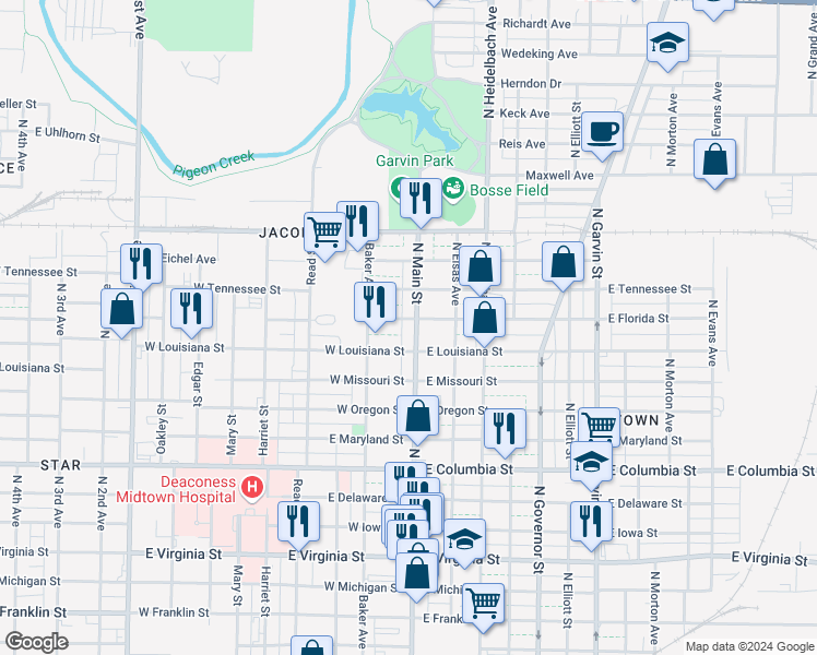 map of restaurants, bars, coffee shops, grocery stores, and more near 1218 North Main Street in Evansville