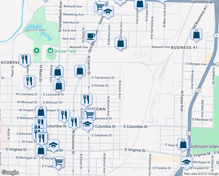 map of restaurants, bars, coffee shops, grocery stores, and more near 703 East Florida Street in Evansville