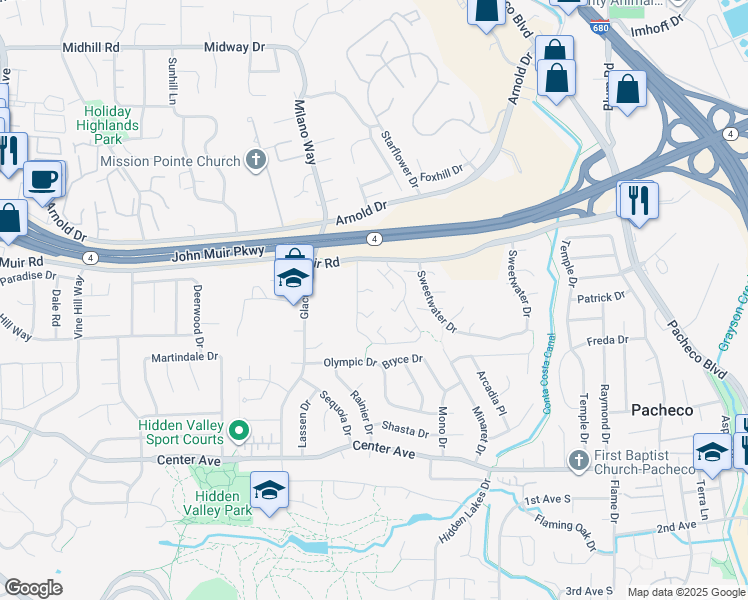map of restaurants, bars, coffee shops, grocery stores, and more near 61 Fountainhead Court in Martinez