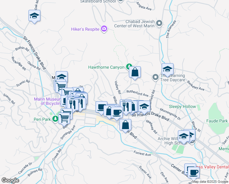 map of restaurants, bars, coffee shops, grocery stores, and more near 68 Willow Avenue in Fairfax