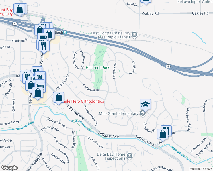 map of restaurants, bars, coffee shops, grocery stores, and more near 2908 Bellflower Drive in Antioch