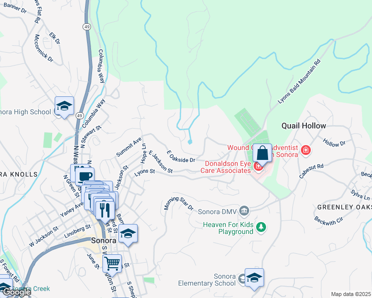 map of restaurants, bars, coffee shops, grocery stores, and more near 610 East Bald Mountain Road in Sonora
