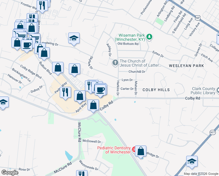 map of restaurants, bars, coffee shops, grocery stores, and more near 105 Quail Ridge Road in Winchester