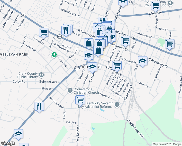 map of restaurants, bars, coffee shops, grocery stores, and more near 244 South Main Street in Winchester