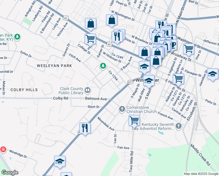 map of restaurants, bars, coffee shops, grocery stores, and more near 337 South Burns Avenue in Winchester
