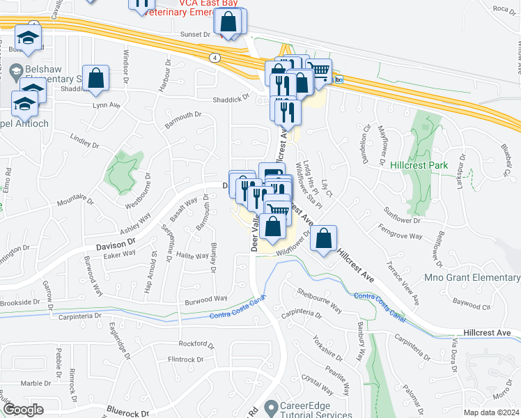 map of restaurants, bars, coffee shops, grocery stores, and more near 3381 Deer Valley Road in Antioch