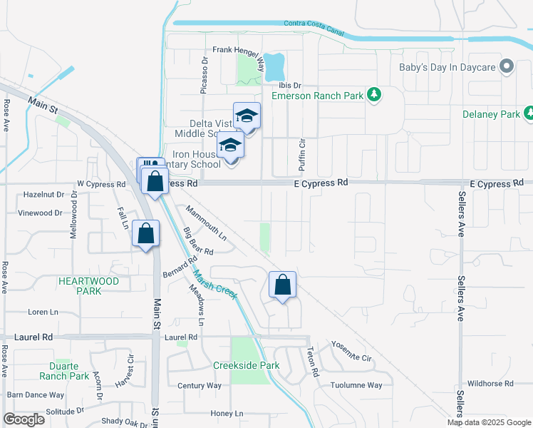 map of restaurants, bars, coffee shops, grocery stores, and more near 15 Renoir Court in Oakley
