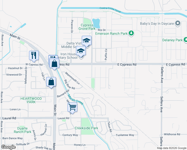 map of restaurants, bars, coffee shops, grocery stores, and more near 15 Renoir Court in Oakley