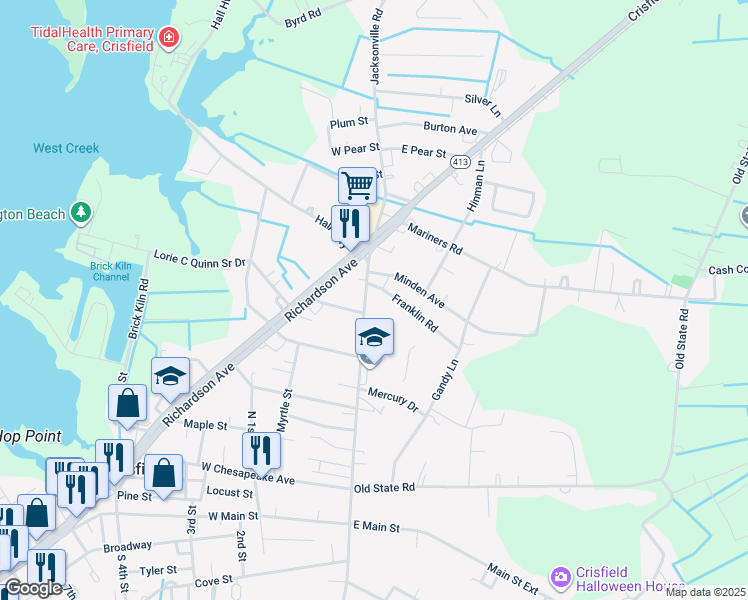 map of restaurants, bars, coffee shops, grocery stores, and more near 242 North Somerset Avenue in Crisfield