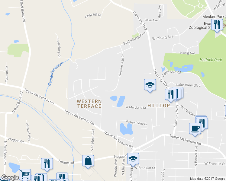 map of restaurants, bars, coffee shops, grocery stores, and more near 1116 Western Hills Drive in Evansville