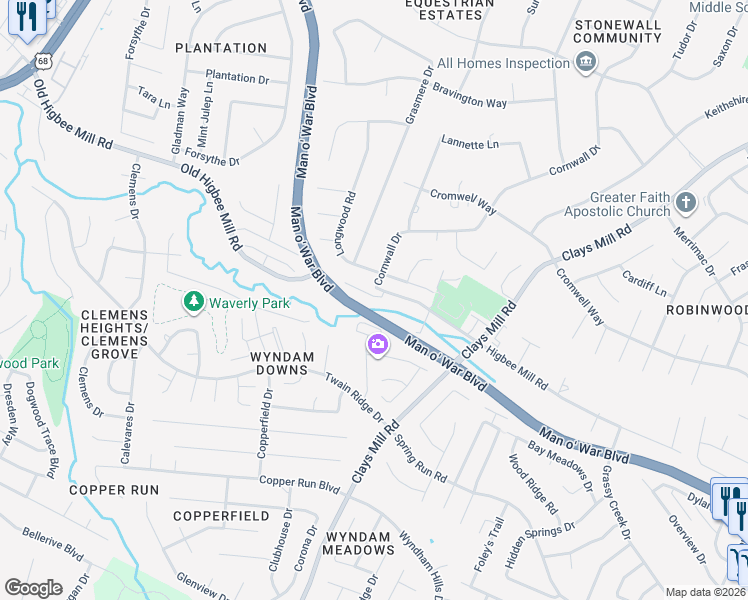 map of restaurants, bars, coffee shops, grocery stores, and more near 1580 Higbee Mill Road in Lexington